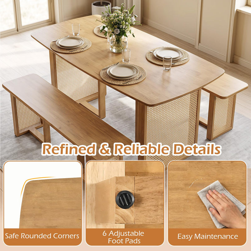 GIANTEX Rattan Dining Table Set for 4 w/ Rubber Wood Kitchen Table & 2 Bench