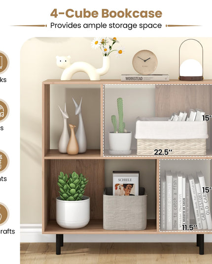 Giantex 3-Tier Bookcase, Modern Cube Bookshelf with 4 Compartments & Metal Legs, Minimalist Freestanding Storage Organizer