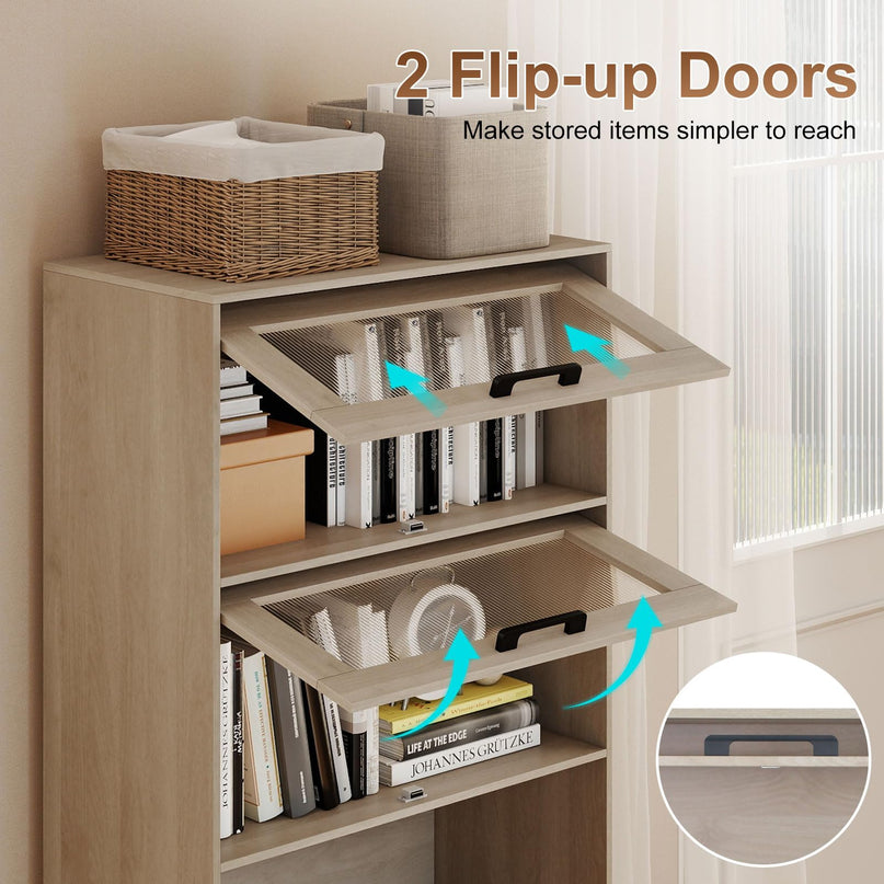 Giantex 4-Tier Tall Bookcase with Flip-up Doors