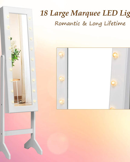 Standing Jewelry Armoire with 18 LED Lights Around the Door