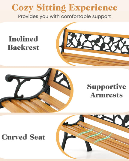 Giantex Outdoor Bench, 3-Person Park Bench with Slatted Seat, Curved Armrests, Floral Pattern Backrest