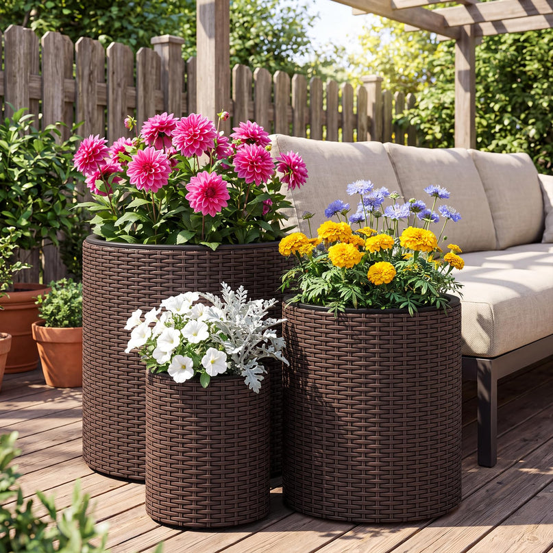 GIANTEX Set of 3 Rattan Round Flower Pot Set