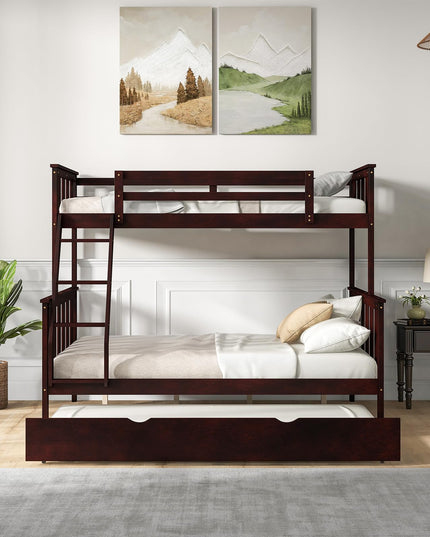 Giantex Twin Over Full Bunk Bed with Trundle, Reversible Ladder & Safety Guardrails