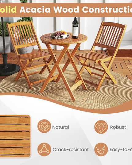 Giantex Patio Bistro Set 3 Pieces, Outdoor Acacia Wood Folding Table & Chairs Set with 2 Padded Cushions
