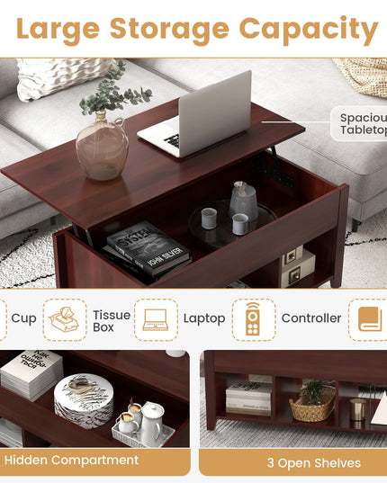 Giantex Lift Top Coffee Table - Rectangular Wooden Table w/Hidden Compartment & Open Storage Shelves