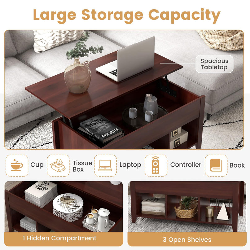 Giantex Lift Top Coffee Table - Rectangular Wooden Table w/Hidden Compartment & Open Storage Shelves