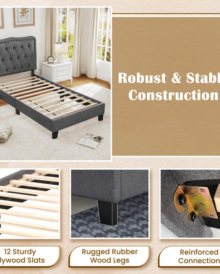 Giantex Twin Size Bed Frame, Modern Linen Upholstered Platform Bed w/ 46" Tall Button Tufted Headboard