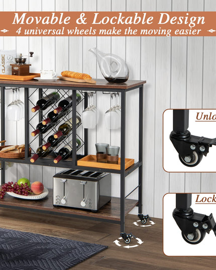 Giantex 3-Tier Wine Bar Cabinet - on Wheels, 8 Bottles Rack & 12 Glasses Hanger (Rustic Brown & Black)