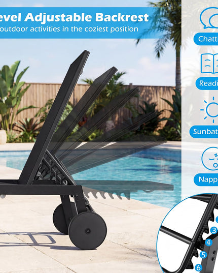 Giantex Patio Lounge Chair with Wheels | Sun Tanning Chair with Adjustable 6-Position Backrest