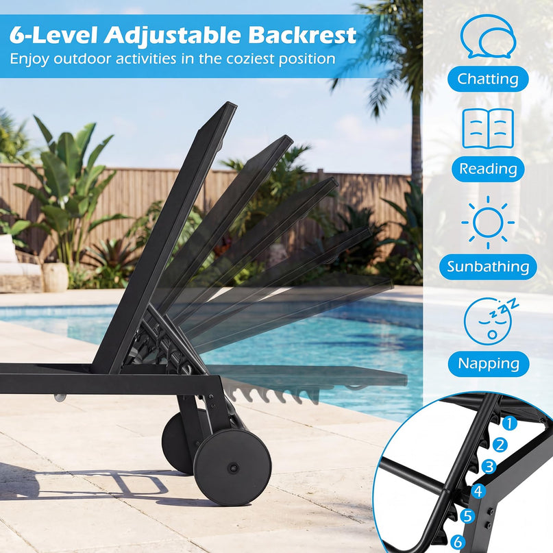 Chaise longue de patio Giantex à roulettes | Chaise longue de bronzage avec dossier réglable à 6 positions