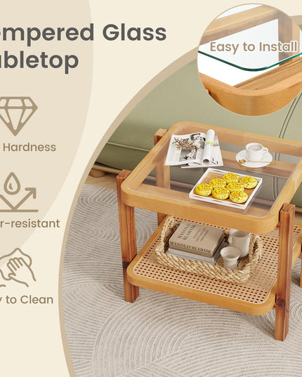 Giantex Rattan Side Table, Boho End Table for Living Room, Narrow Bedside Table with Tempered Glass Top