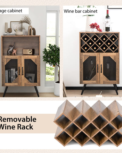 Giantex Farmhouse Buffet Cabinet with Storage, Wine Bar Cabinet 11 Bottles Rack (Brown & Black)