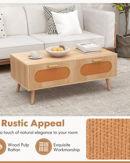 Giantex Rattan Coffee Table, Mid Century Modern Center Table with 2 Storage Drawers & Back Compartment