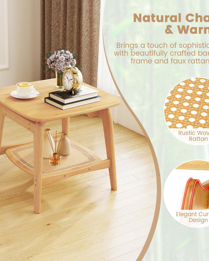 Giantex Rattan Side Table, Boho End Table with Storage Shelf, 2-Tier Bedside Table for Small Spaces