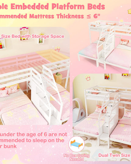 Giantex Twin Over Twin & Twin Bunk Bed, Triple Bunk Beds with 4-Step Storage Stair, Wooden 3 Bunk Beds for Kids Teens