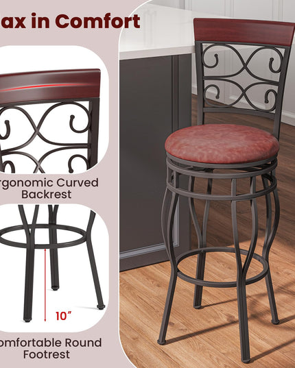 Giantex 30" Swivel Bar Stools Set of 2, Bar Height Bar Stools w/Back, Upholstered PU Leather Seat, Footrest, Rustic Brown
