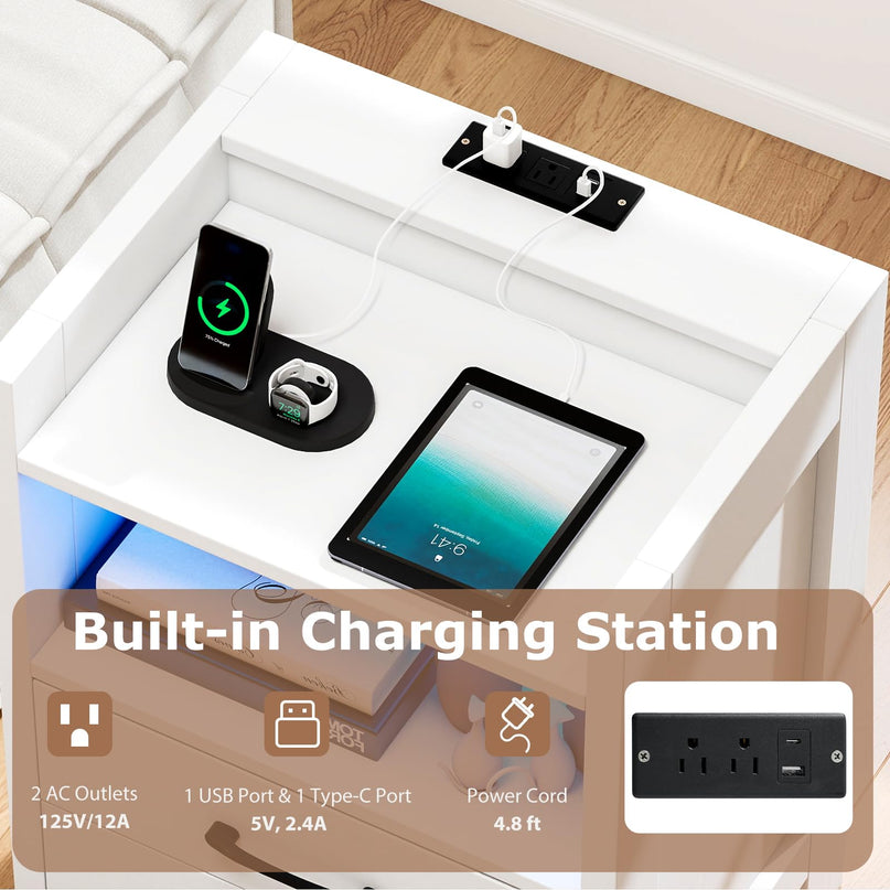 Giantex LED Nightstand with Charging Station - Bedside Table w/LED Lights