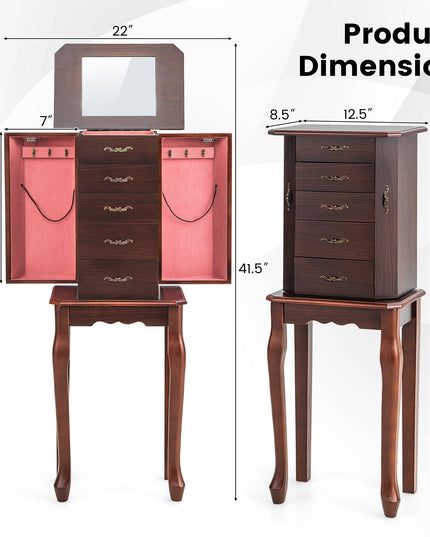 CHARMAID Standing Jewelry Organizer Cabinet with 4 Drawers, Top Storage Tray with Ring Slots, 2 Side Doors