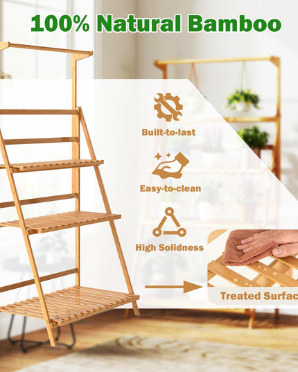 Giantex Plant Stand Indoor Outdoor - Bamboo 3-Tier Hanging Tall Ladder Flower Pot