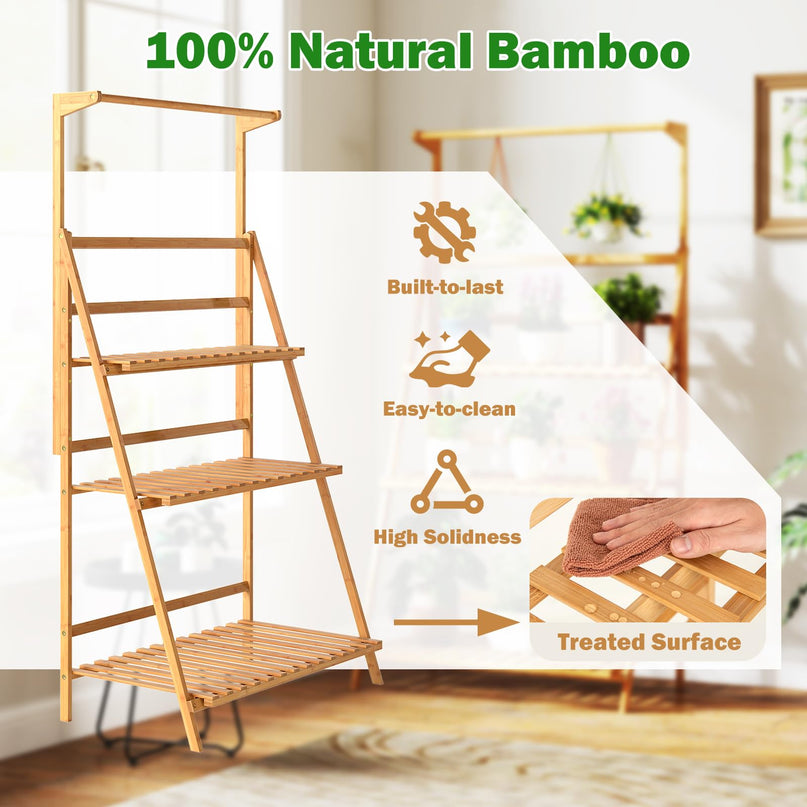 Giantex Plant Stand Indoor Outdoor - Bamboo 3-Tier Hanging Tall Ladder Flower Pot