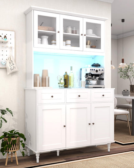 Giantex Pantry Cabinet, 77” Tall Buffet Cabinet with Hutch, LED Lights & Charging Station