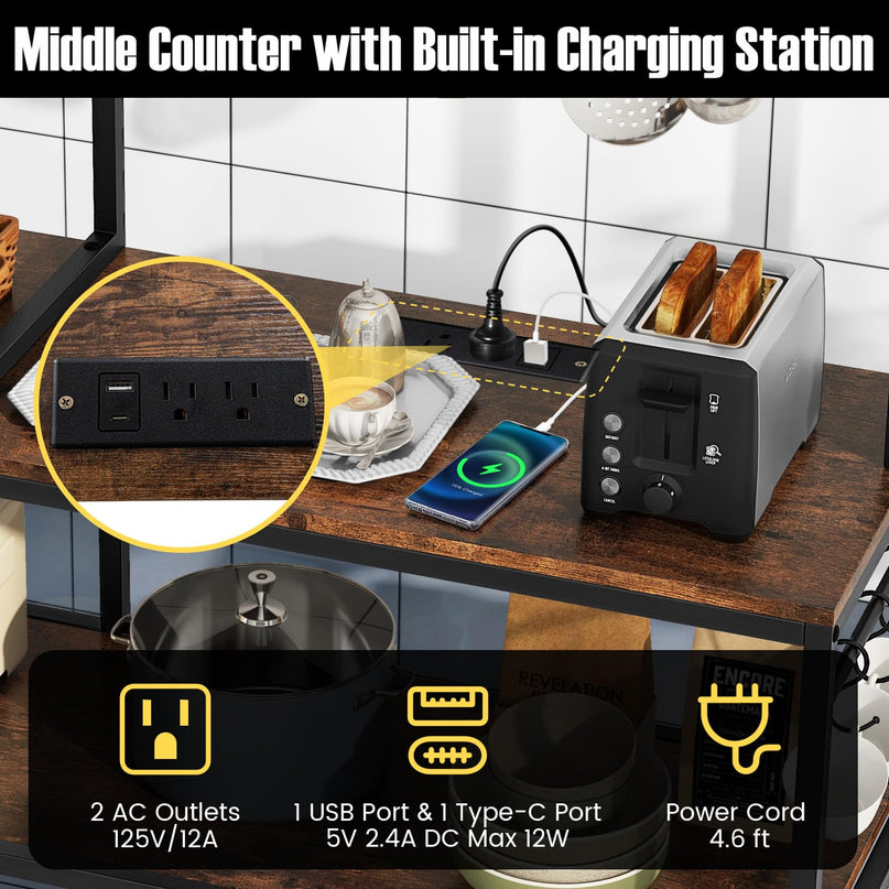 Giantex Bakers Rack with Power Outlets, 5-Tier Coffee Bar Table Organizer w/ 10 S-Shaped Hooks, 63" Large Microwave Stand