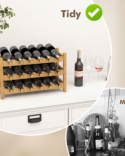 Giantex Bamboo Wine Rack, 3 Tier 18 Bottle Wine Storage Cabinet Shelf, Small Wine Rack Bottle Organizer Freestanding Counter