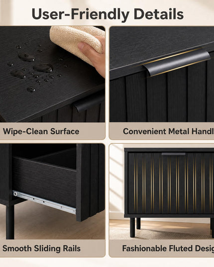 GIANTEX Black Modern Nightstand w/Vertical-Striped Storage Drawer