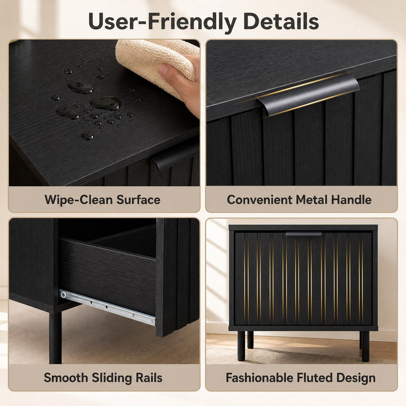 GIANTEX Black Modern Nightstand w/Vertical-Striped Storage Drawer