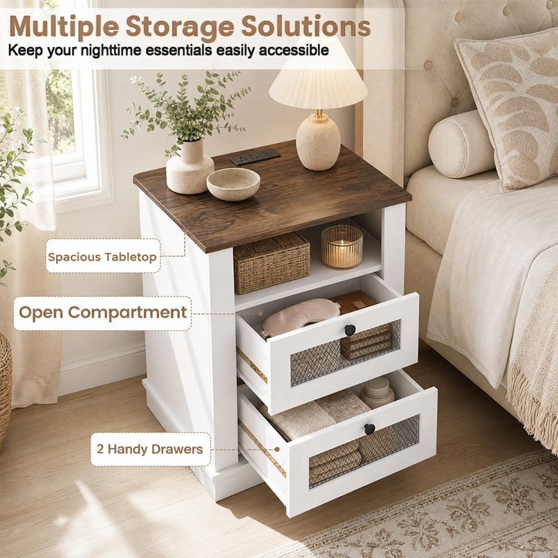 GIANTEX 2-Drawer Nightstand with Charging Station & Open Storage (1/2)