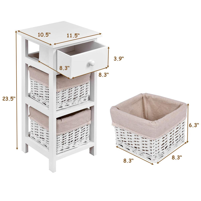 Giantex Wooden Nightstand 3-Tier Modern Bedside Table with 1 Drawer and 2 Storage Baskets