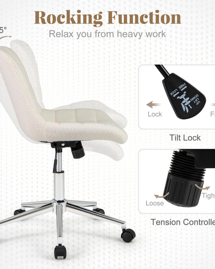 Giantex Armless Office Chair, Modern Faux Fur White Vanity Chair with Wheels & Adjustable Height