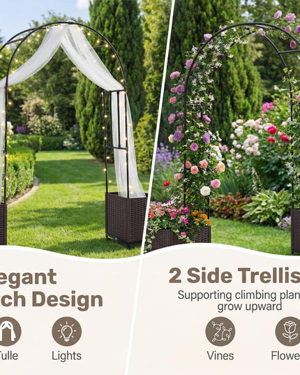 Giantex Metal Garden Arch Trellis Arbor with 2 Self-Watering Planter Boxes