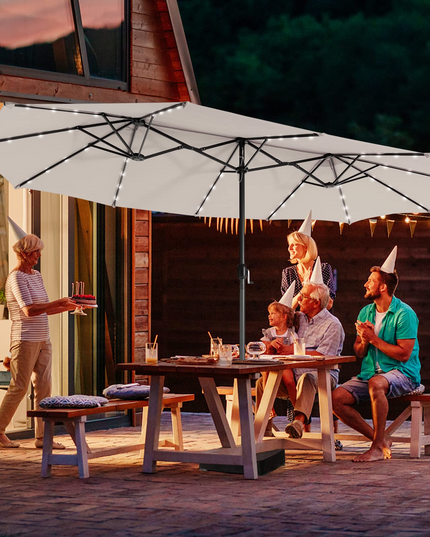 15ft Large Outdoor Umbrella Double-Sided, 48 Solar Lights, Auto-Charging Solar Panel