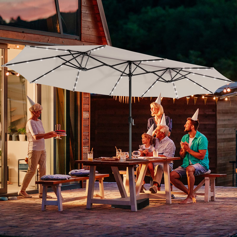15ft Large Outdoor Umbrella Double-Sided, 48 Solar Lights, Auto-Charging Solar Panel