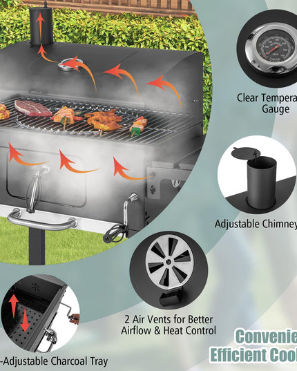 Giantex 24-Inch Charcoal Grill - 2 Foldable Side Tables, Bottom Storage Shelf, 8 Hooks, Adjustable Charcoal Tray