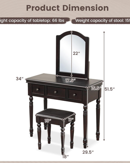 CHARMAID Makeup Vanity Desk with Mirror and Stool, Vanity Table Set with Large Mirror, 3 Drawers, Cushioned Stool