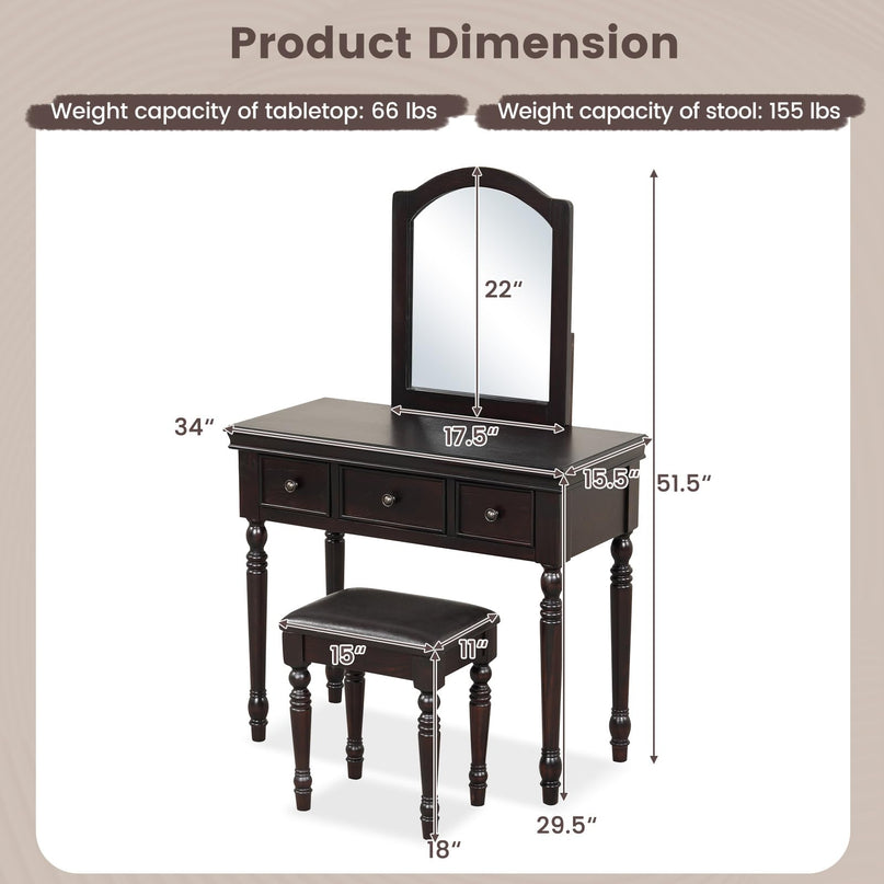 CHARMAID Makeup Vanity Desk with Mirror and Stool, Vanity Table Set with Large Mirror, 3 Drawers, Cushioned Stool