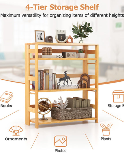 Giantex 4-Tier Bookshelf, 34.5" Floor Storage Shelf w/Rubber Wood Frame, Anti-Toppling Kits, Side Fences