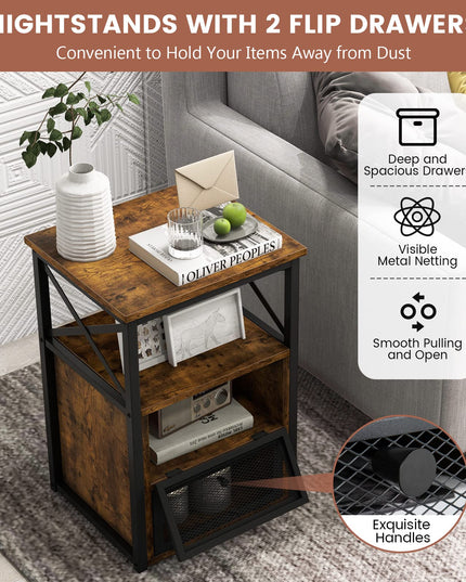 Giantex Modern Nightstand Set of 2, Industrial End Side Table with 2 Mesh Flip Drawers,Rustic Brown