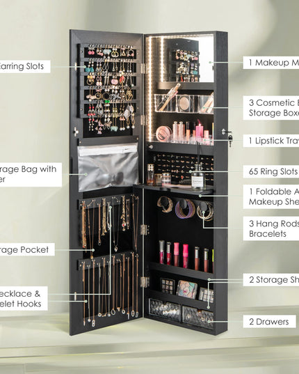 CHARMAID Wall/Door Mounted Jewelry Armoire with 3-Color LED Lights, 47.2"H Full Length Mirror