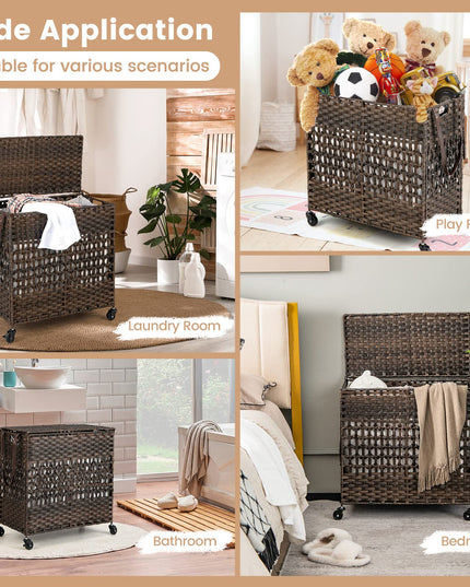 Panier à Linge Giantex avec Roues et Couvercle, Panier à Linge en Osier de 125L (33 Gal), 2 Sacs Intérieurs Amovibles