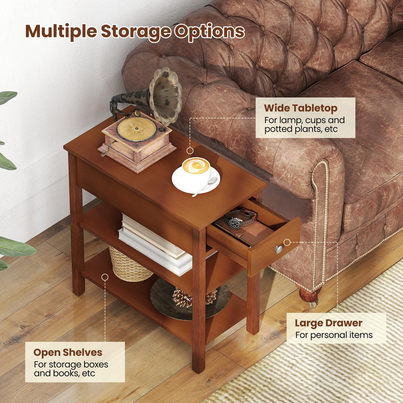 Ginatex Narrow Side Table Set of 2, Small End Tables with Drawer & Open Storage Shelves