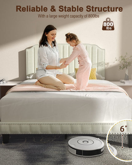 Giantex Upholstered Bed Frame, Linen Platform Bed w/Rivet Headboard, Heavy Duty Mattress Foundation