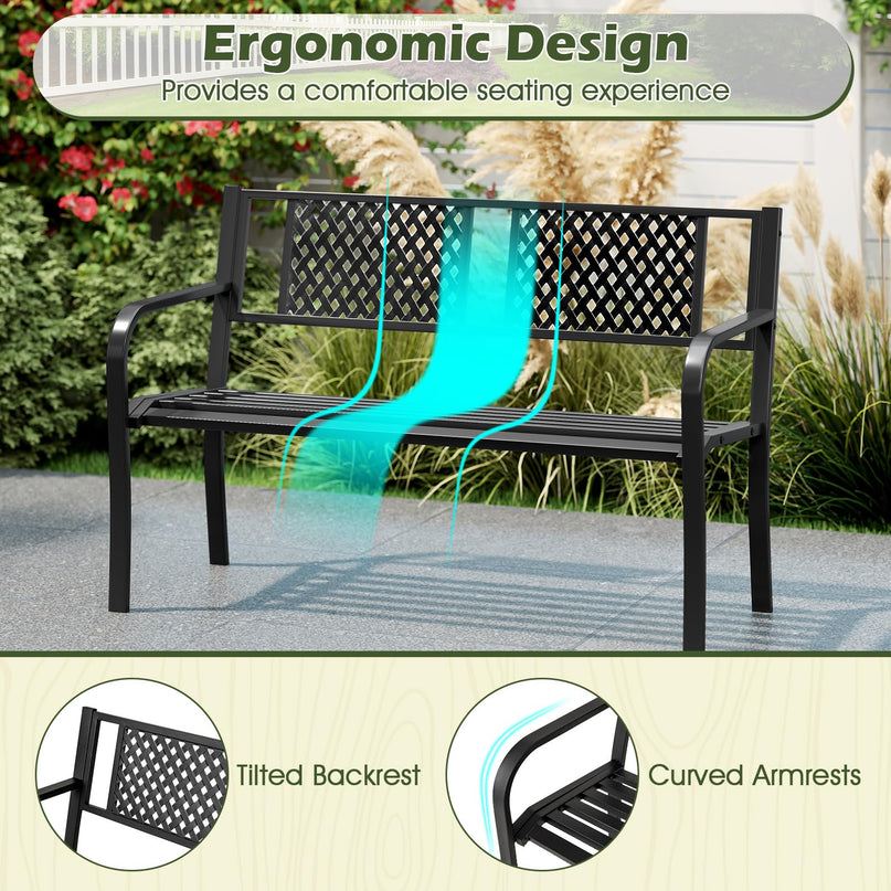 Giantex Metal Outdoor Bench with Mesh Pattern Backrest