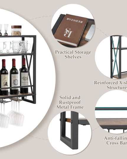 Giantex Industrial Wall-Mounted Wine Rack, 3 Tiers Metal Hanging Wine Shelf with Glass Holder