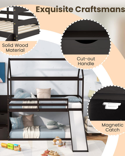 Giantex House Bunk Bed Twin Over Twin with Slide and Storage Stairs, Solid Wood Low Loft Bed Frame with Roof & Guardrail