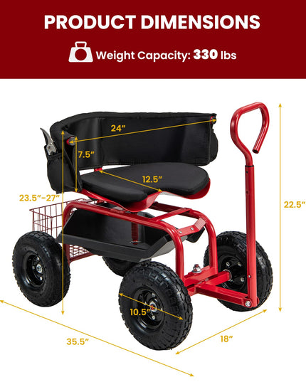 Giantex Rolling Garden Cart, 360 Swivel Workseat with 4 Wheels, Removal Cushion & Tool Tray, Storage Basket