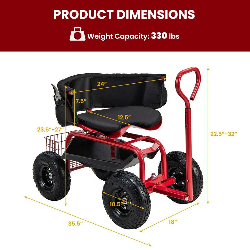 Giantex Rolling Garden Cart, 360 Swivel Workseat with 4 Wheels, Removal Cushion & Tool Tray, Storage Basket