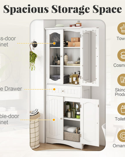Giantex 63" Tall Bathroom Cabinet, Pantry Cabinet with Tempered Glass Doors, Adjustable Shelves & Large Drawer